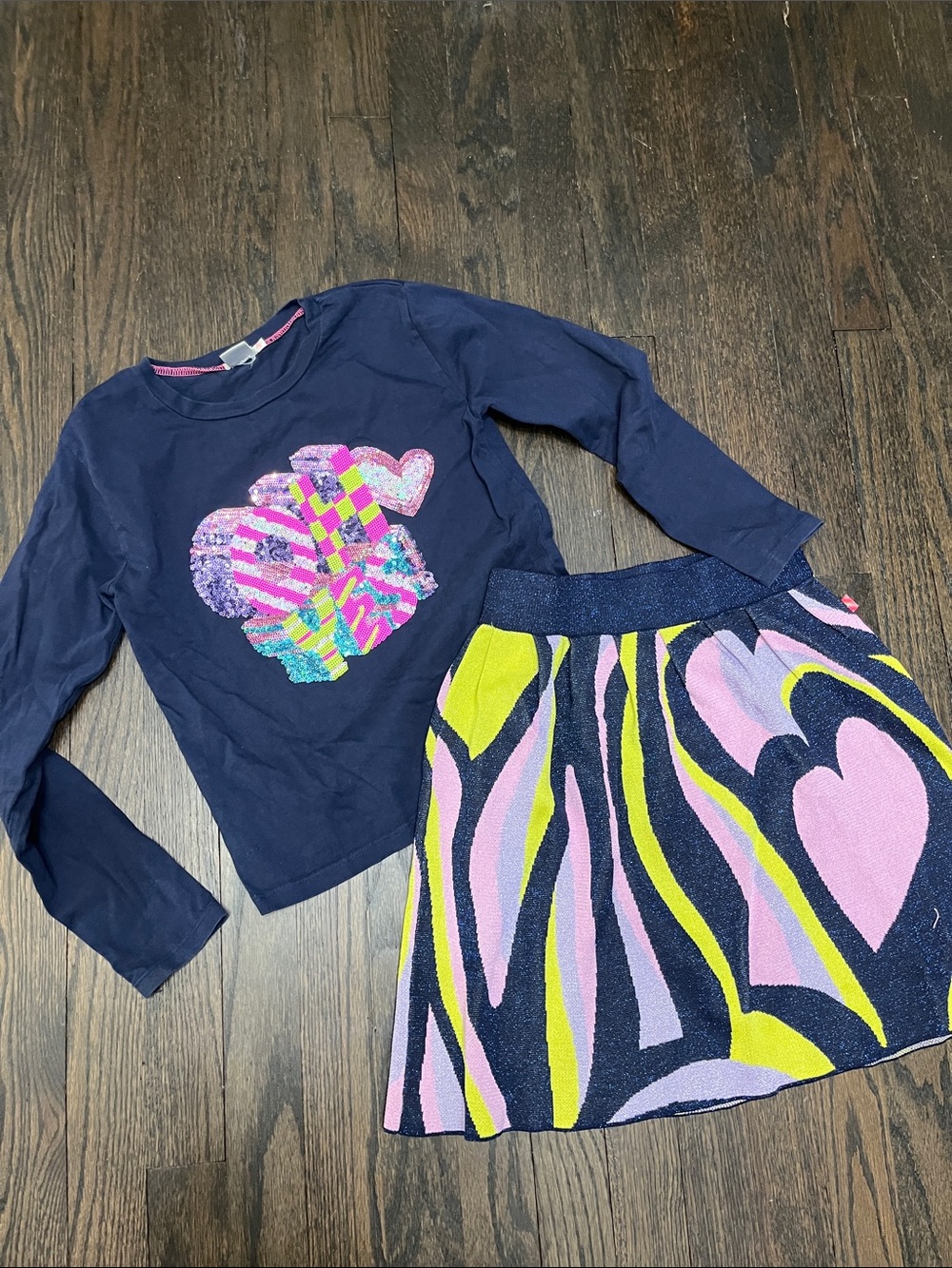 Billieblush Navy and Pink Glitter Knit skirt and sequin T shirt set